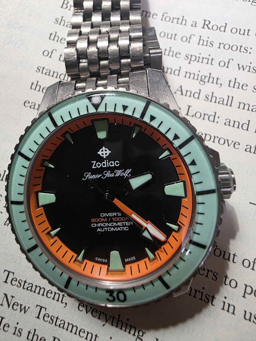 Zodiac Super Sea Wolf Diver Watch Mint Bezel & Orange Dial Ring